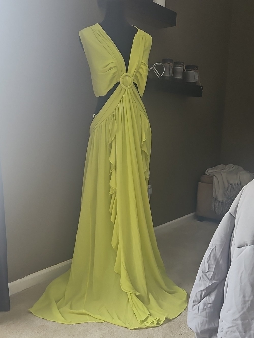 Fashion Nova Lime Green Ruffle Cutout Maxi Dress